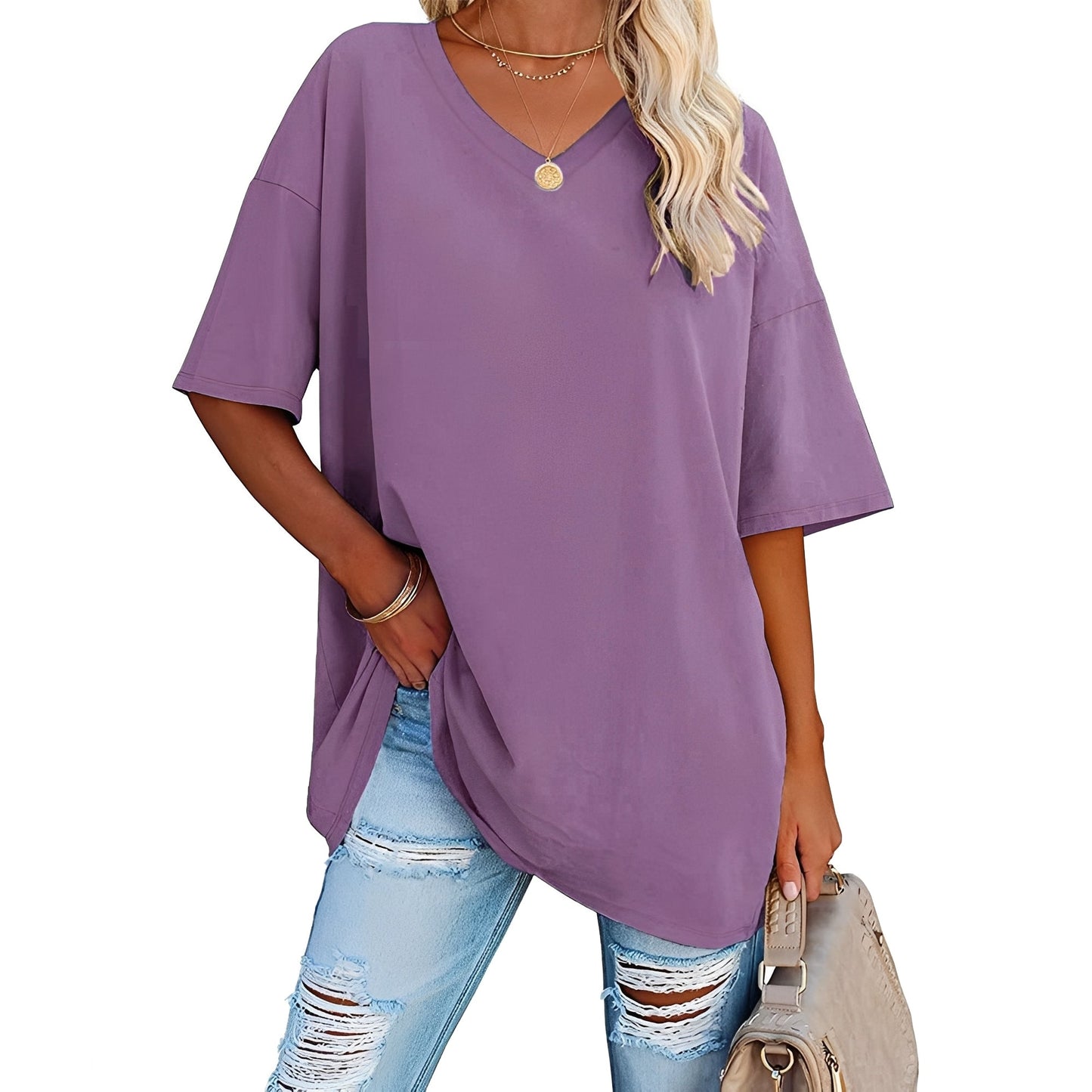 Damen V-Ausschnitt Shirt Lässig Leicht