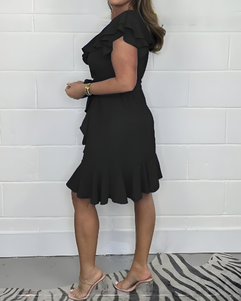 Elegantes Damenkleid Rüschendekoration V-Ausschnitt Feminin