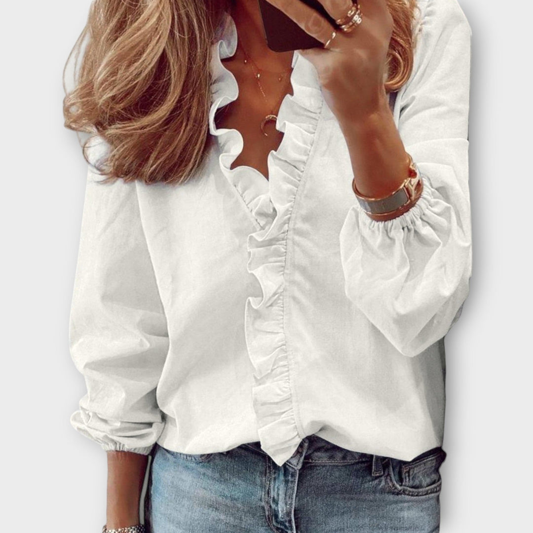 Damen Bluse Rüschen V-Ausschnitt Langarm Bluse Weiße Bluse - Norvielle