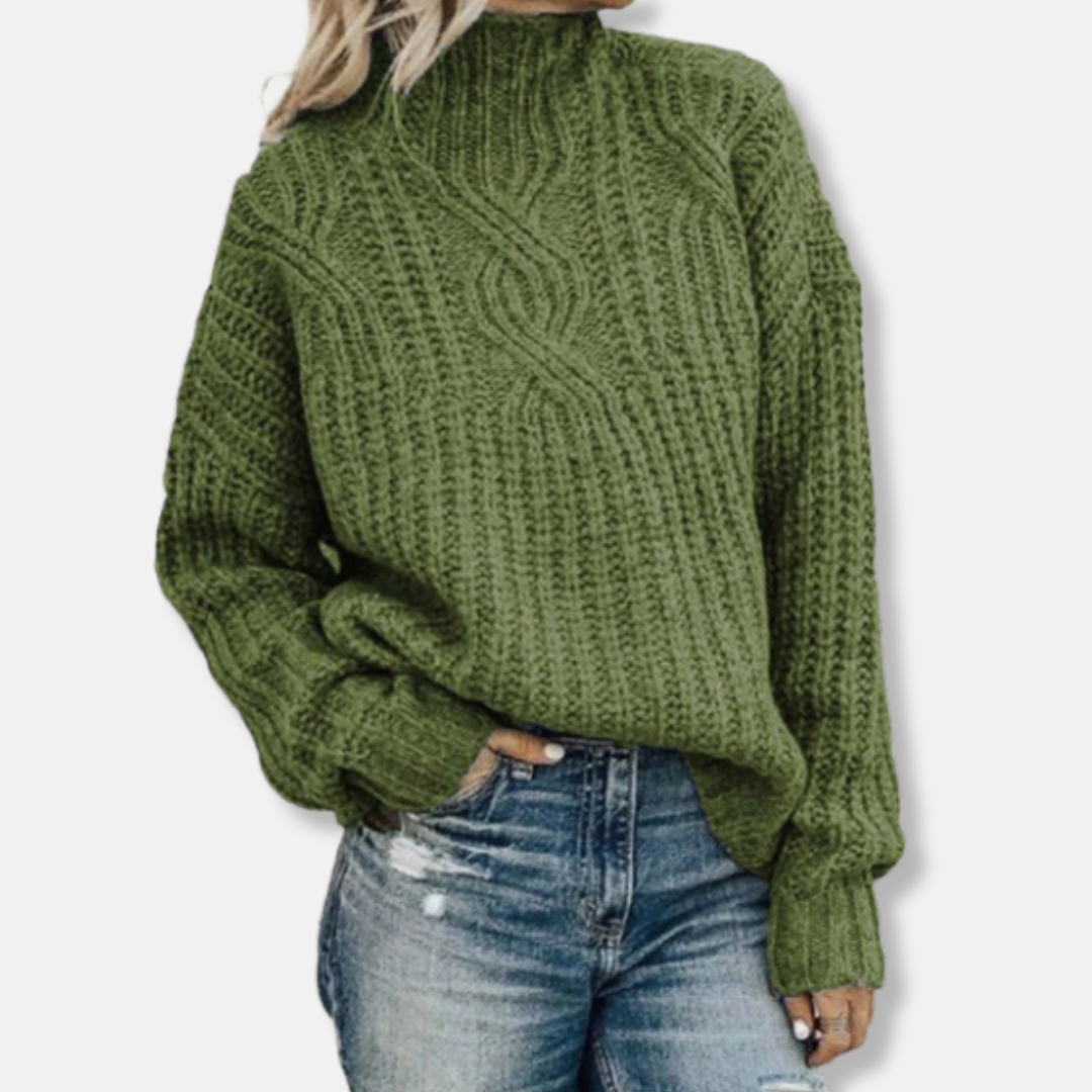 Wollpullover Damen Kabelstrick Sweatshirt Hoher Kragen Lässig
