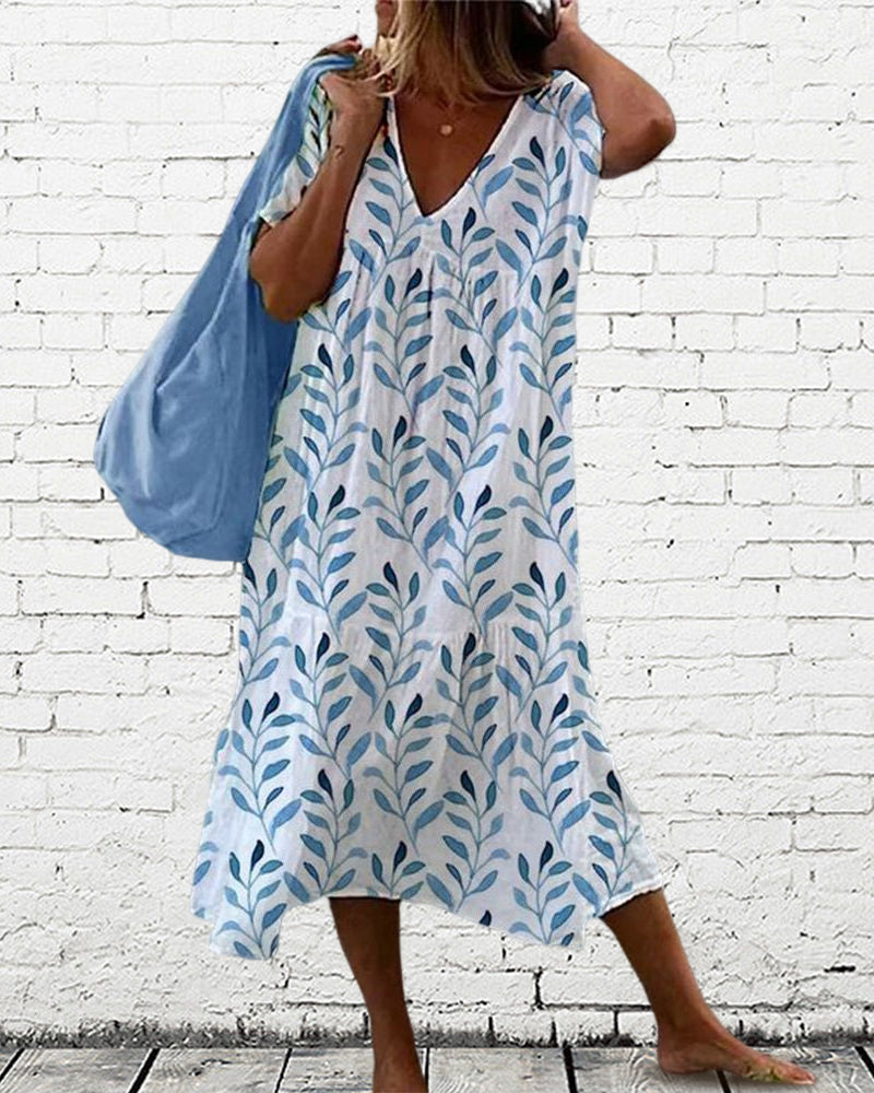 Damen Sommerkleid V-Ausschnitt Blätterdruck - Norvielle