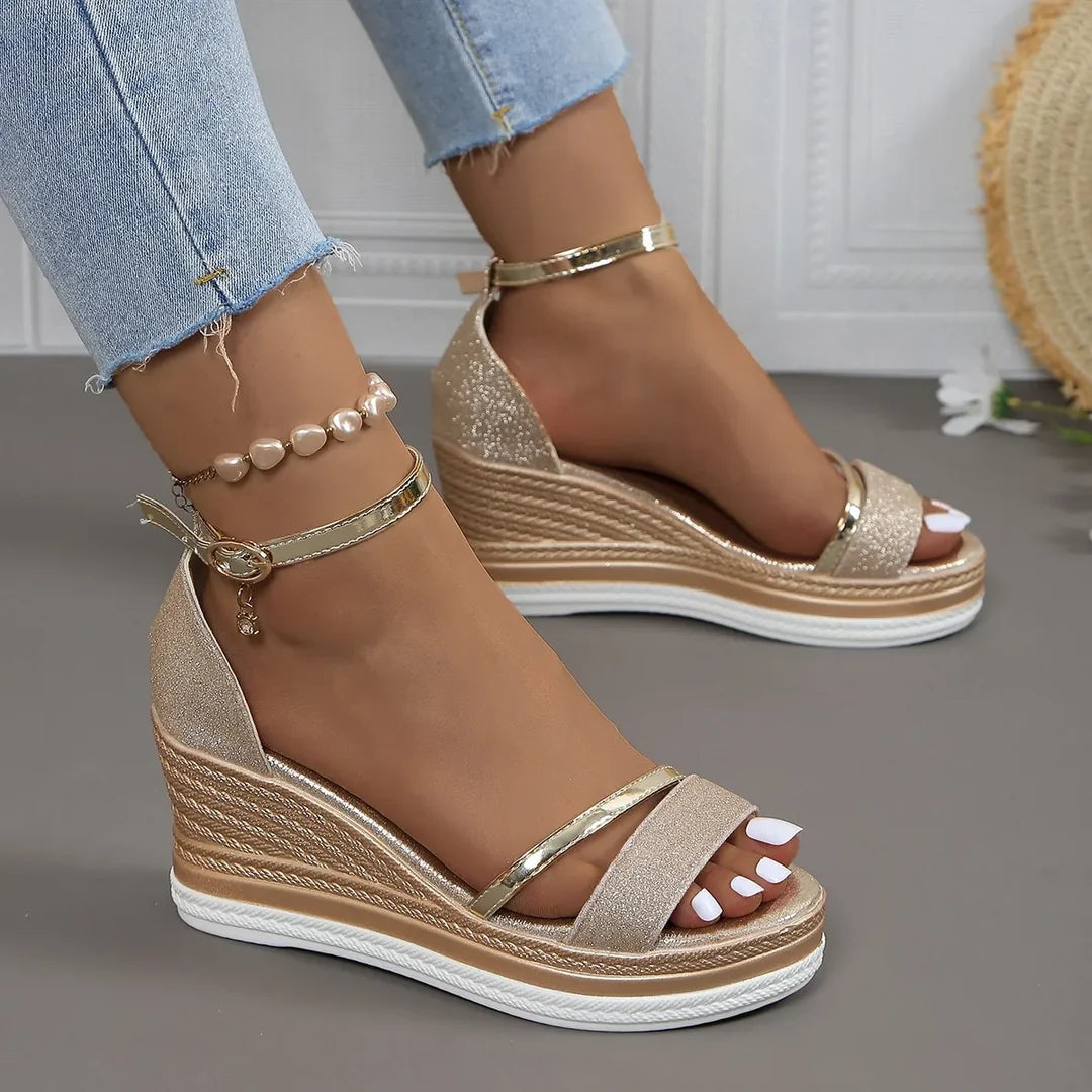 Damen Plattform Keilabsatz Riemen Sandalen
