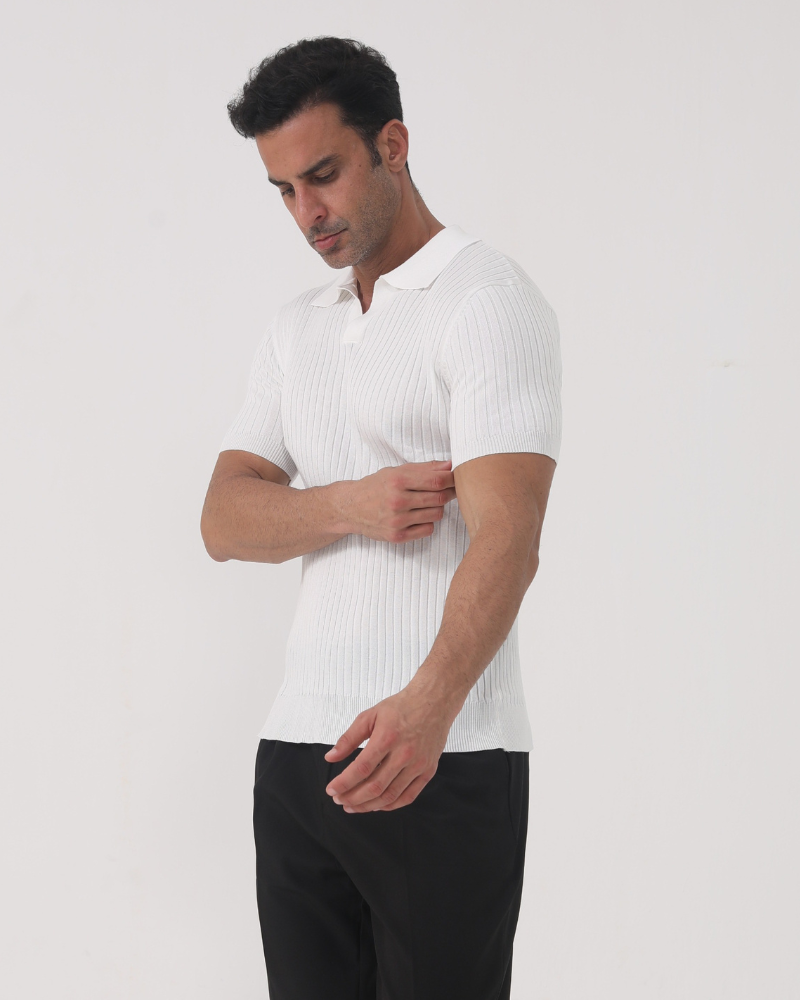 Herren Poloshirt V-Ausschnitt Ribstrick Weiß