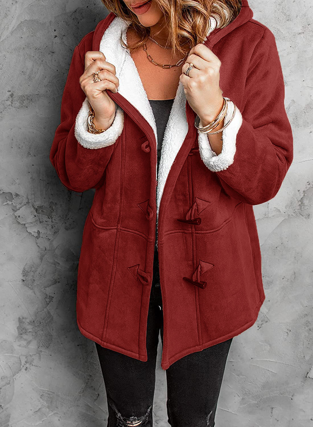 Régine Damen Wintermantel Duffle-Kapuze Warm Fleece Wildlederoptik