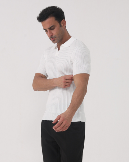 Herren Rippenstrick Poloshirt V-Ausschnitt
