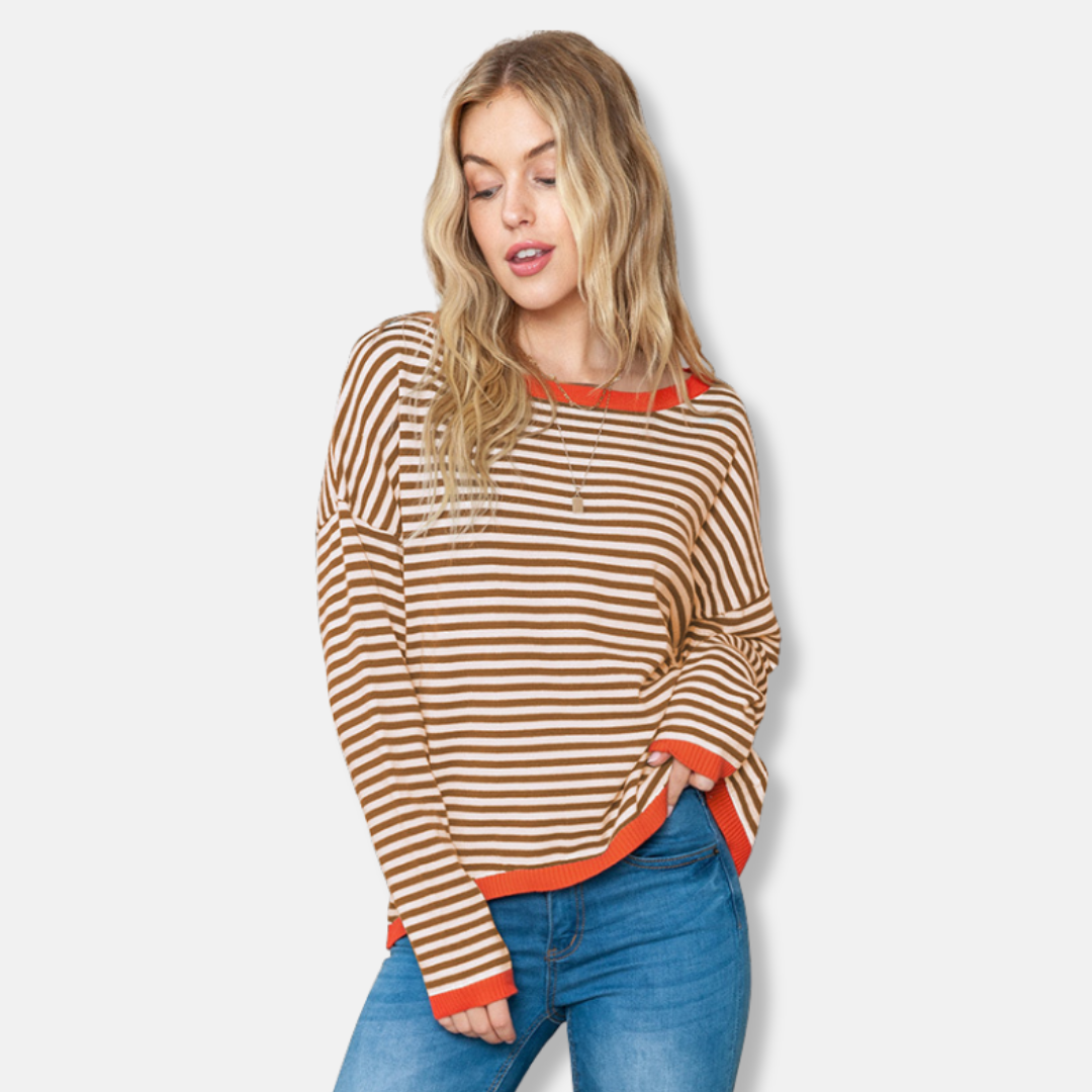 Damen Sweatshirt Gestreift Lockere Passform Baumwolle Lässig Grau