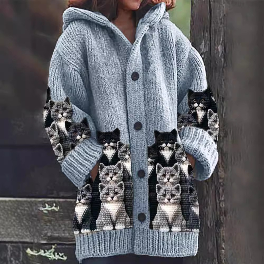 Strickjacke Damen Mit Kapuze Katzenmotiv - Norvielle