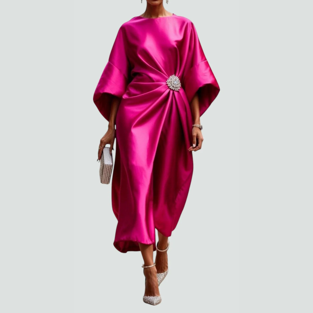 Damen Fledermausärmel Midi Kleid Drapiert
