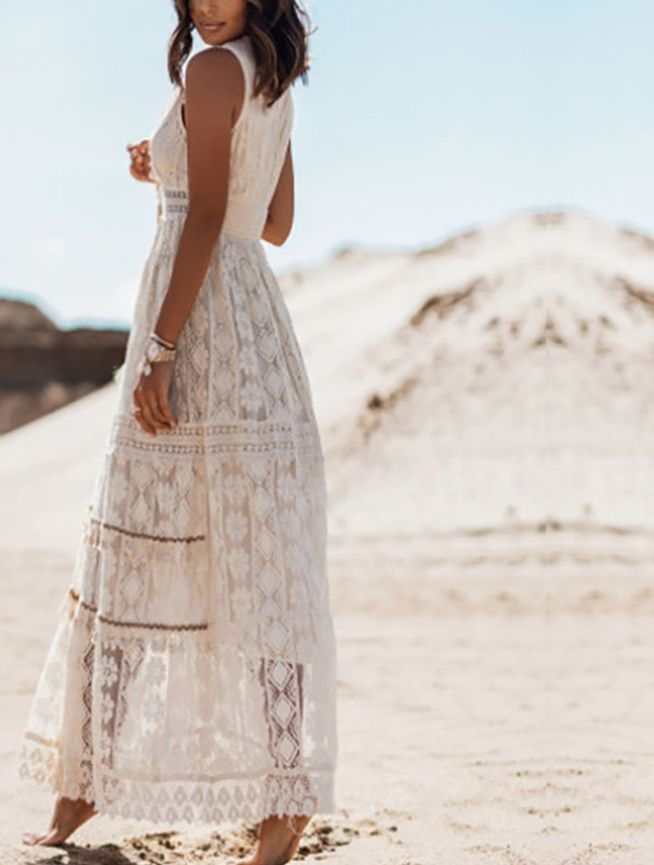 Damen Maxikleid Boho Spitze V-Ausschnitt