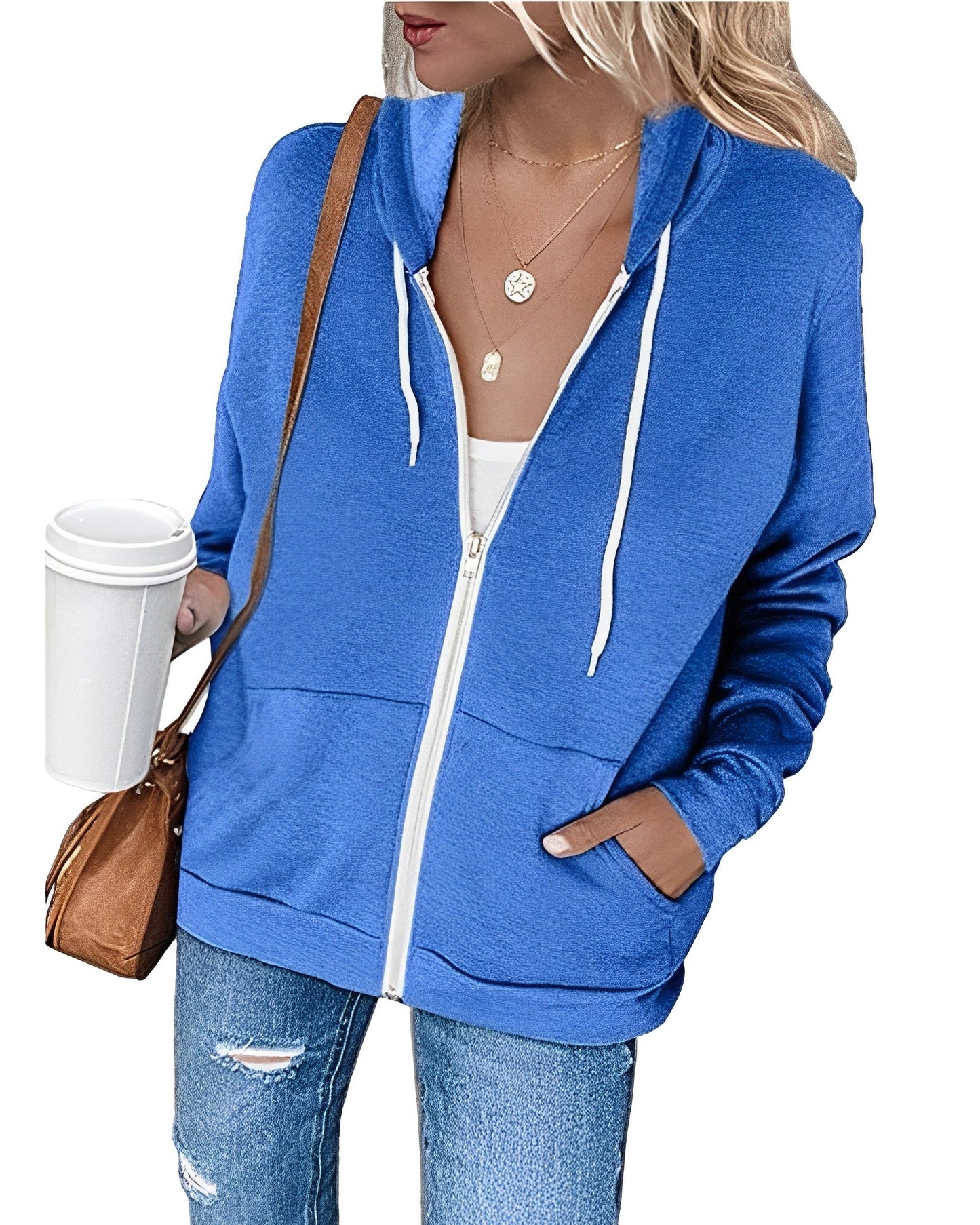 Damen Leichter Kapuzenpulli Mit Reißverschluss Und Taschen