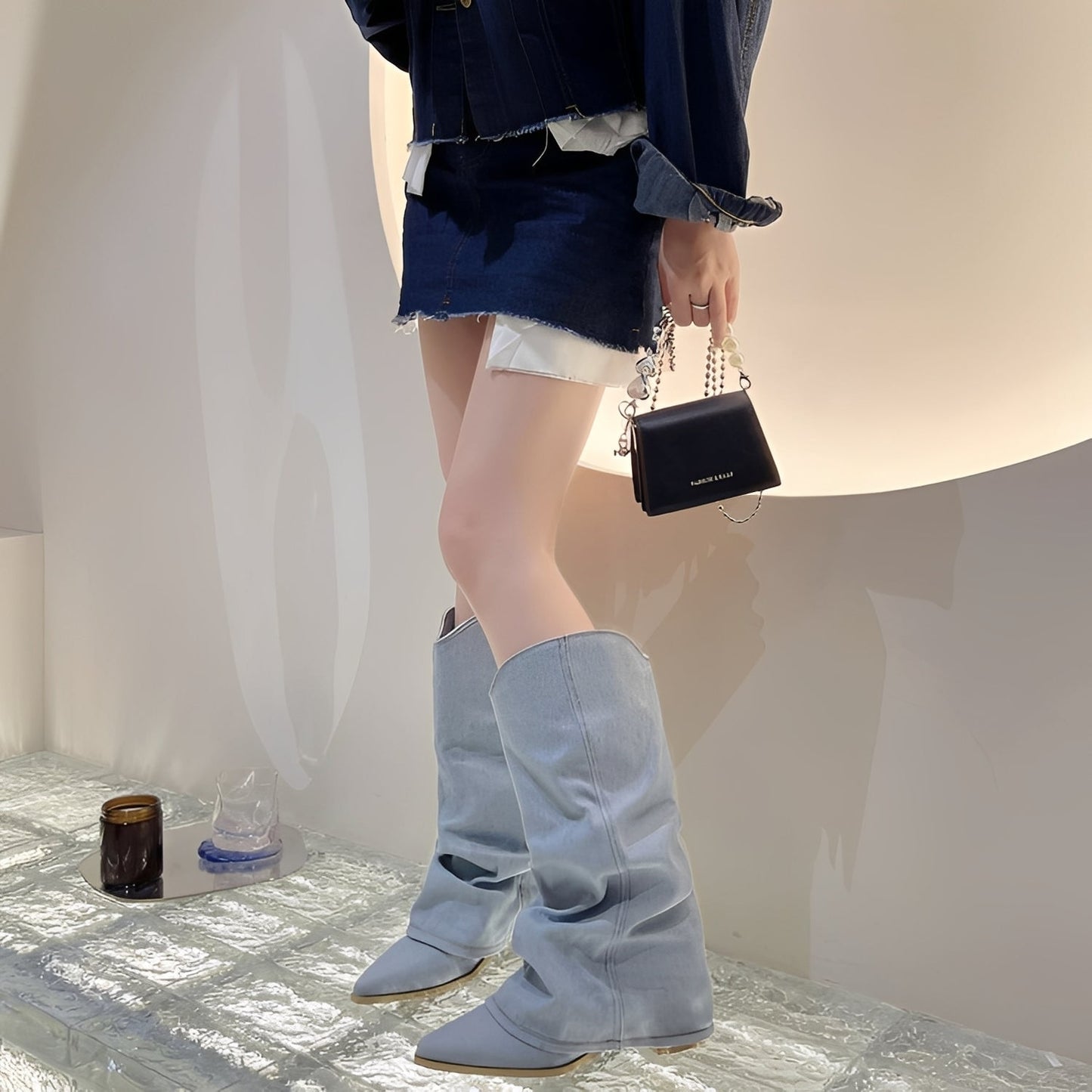 Damen Ritterstiefel Denim