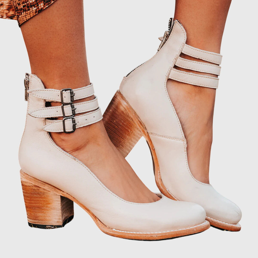 Damen Schnallenriemen Stiefel Blockabsatz