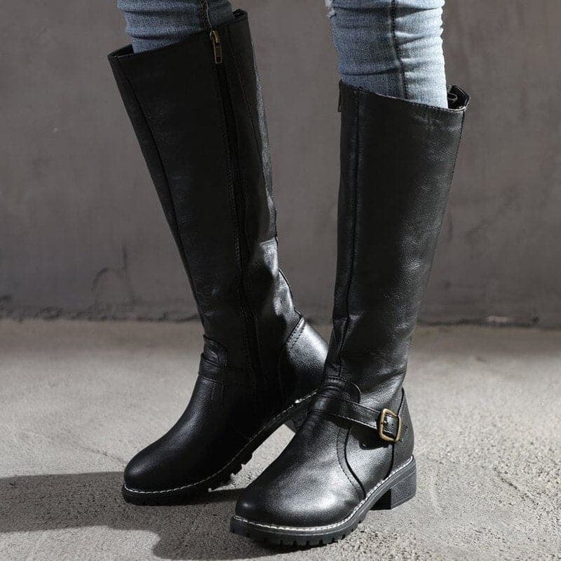 Damen Stiefel Kniehoch Blockabsatz Rundzehen Leder