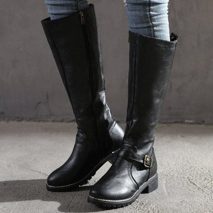 Damen Stiefel Kniehoch Blockabsatz Rundzehen Leder