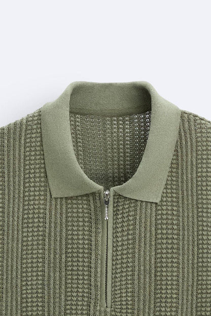 Herren Strickpoloshirt Reißverschluss V-Ausschnitt
