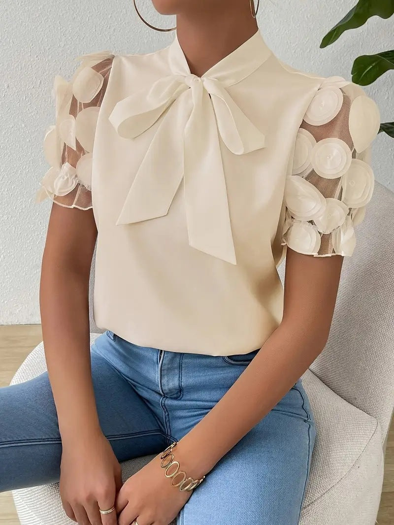 Damen Elegante Bluse Schleifendetail Durchsichtige Ärmel - Norvielle