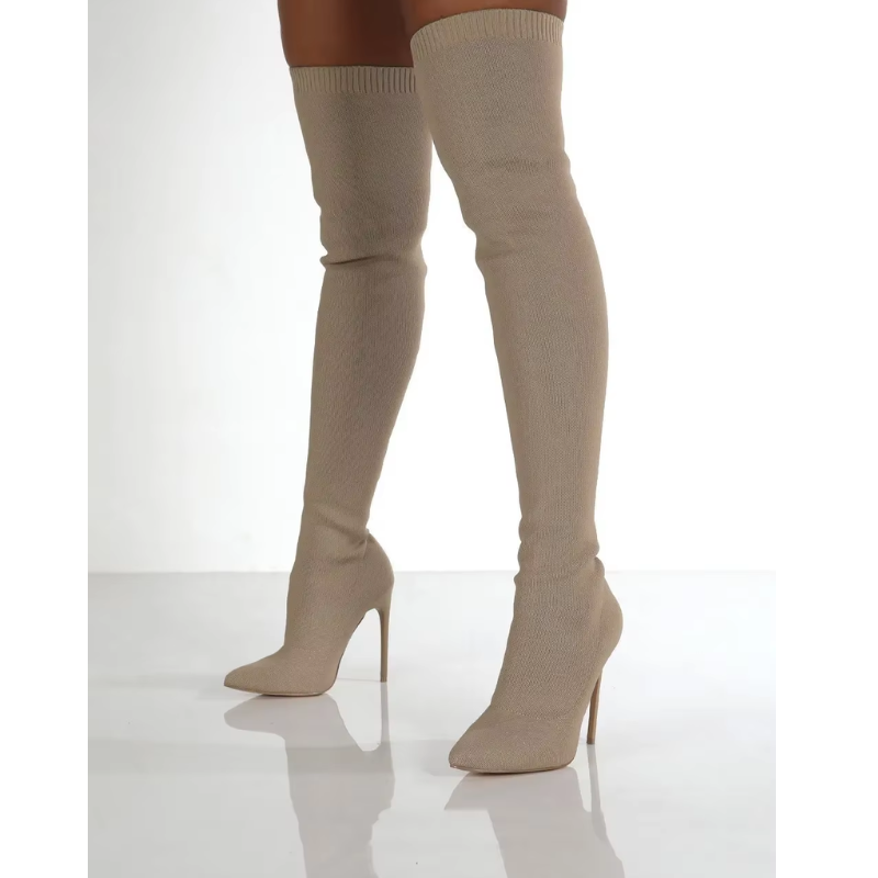 Damen Overknee Stiefel Stretch Stiletto Elegantes Leder Schwarz - Norvielle