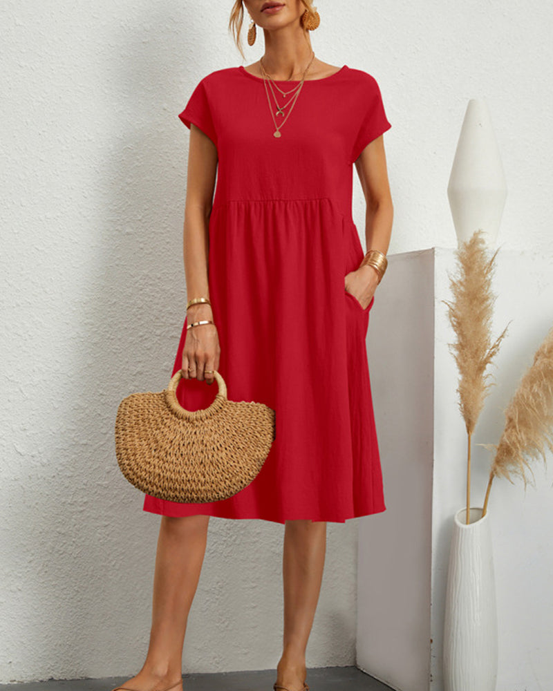 Damen Sommerkleid Uni-Farben Rundhalsausschnitt Kurzarm Midi-Länge