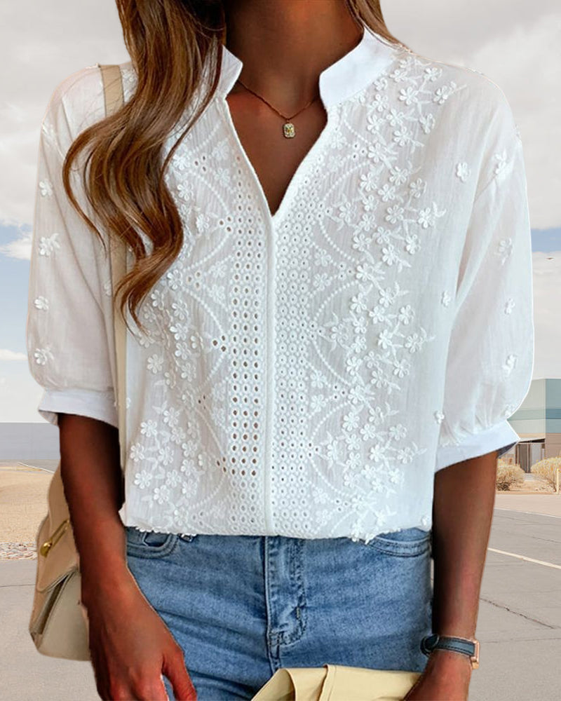 Damen Bluse V-Ausschnitt Puffärmel