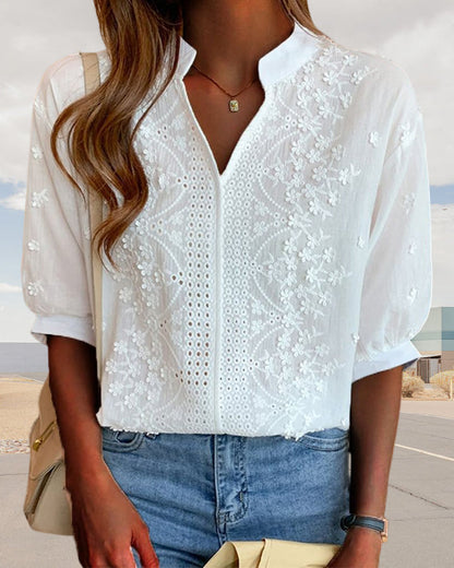 Damen Bluse V-Ausschnitt Puffärmel