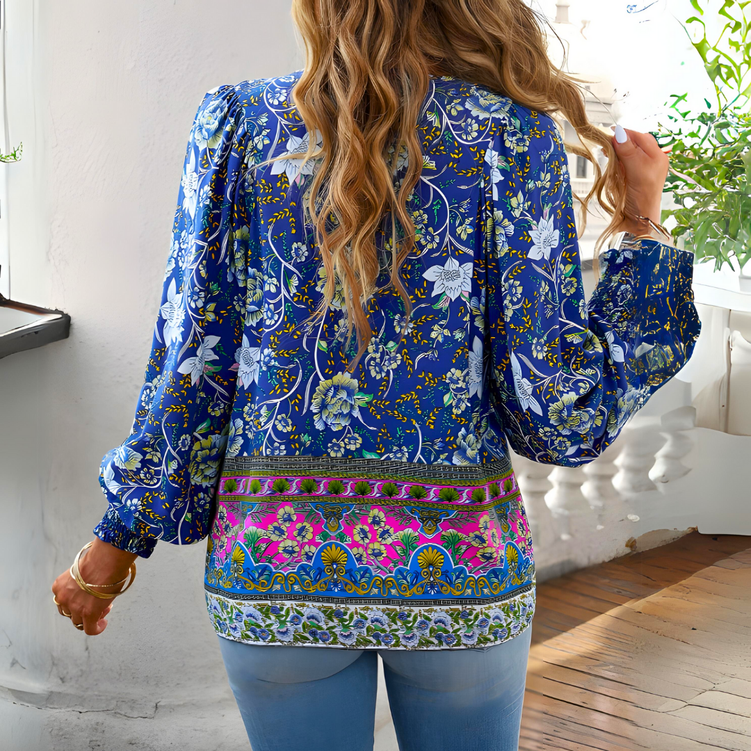 Damen Bluse mit Schleifenkragen und weiten Ärmeln Blumenmuster