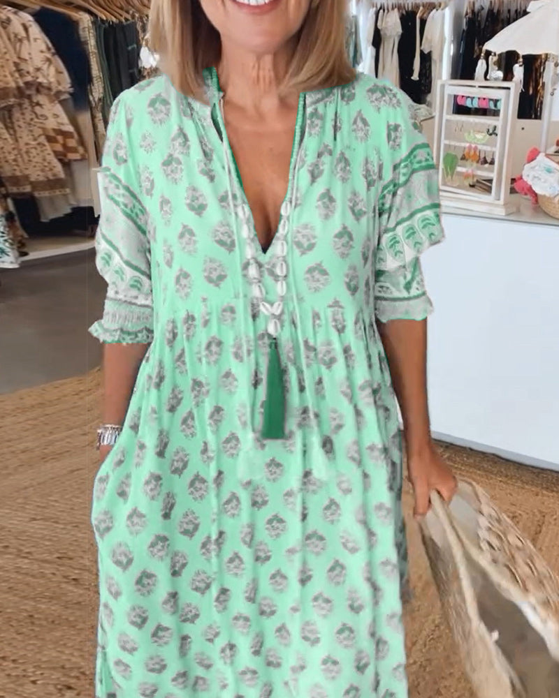 Damen Bedrucktes Sommerkleid V-Ausschnitt Halbärmel