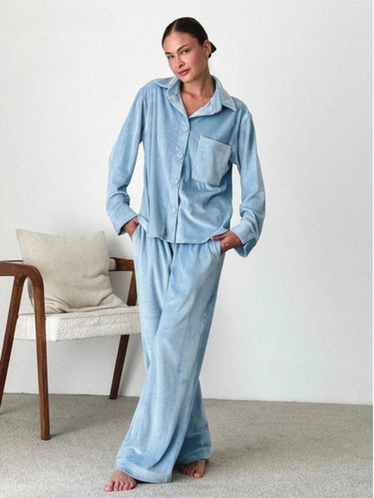 Damen Pyjama Set Blau Zweiteiler mit Knöpfen - Norvielle