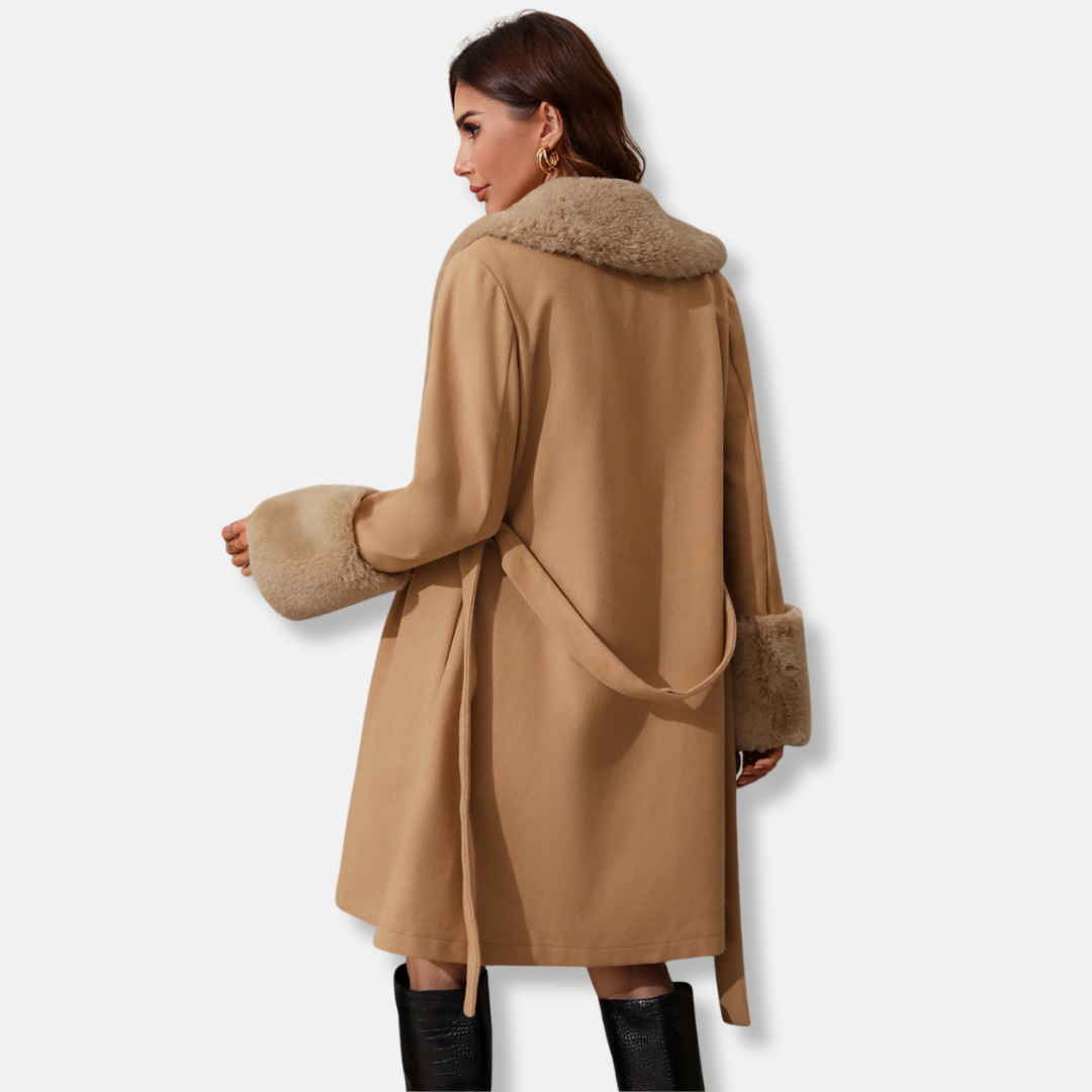 Damen Trenchcoat Mittellang Taillierte Passform Fellkragen Schwarz - Norvielle