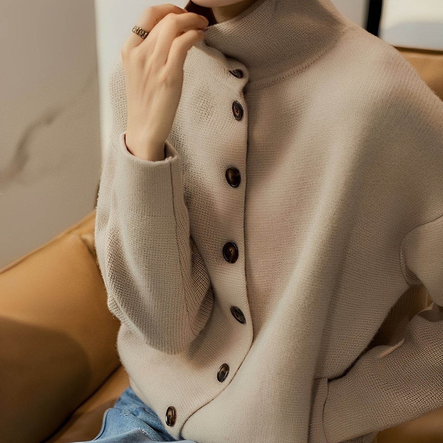 Damen Rollkragenpullover Locker Baumwolle Beige