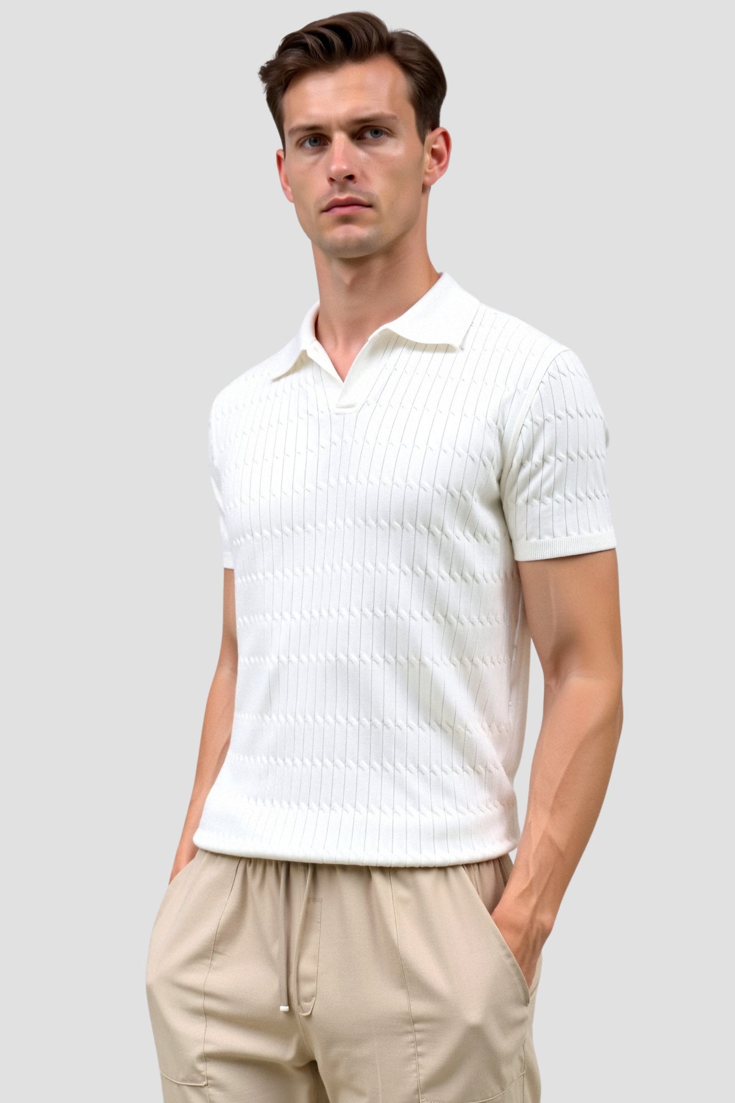 Weißes Herren Poloshirt Gestrickt Strukturmuster