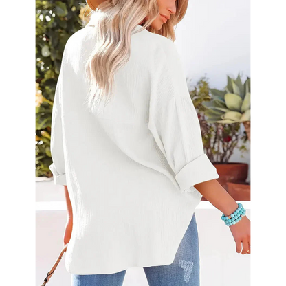 Damen Unifarben Bluse Knopfleiste Hemdkragen Langarm Elegante Bluse