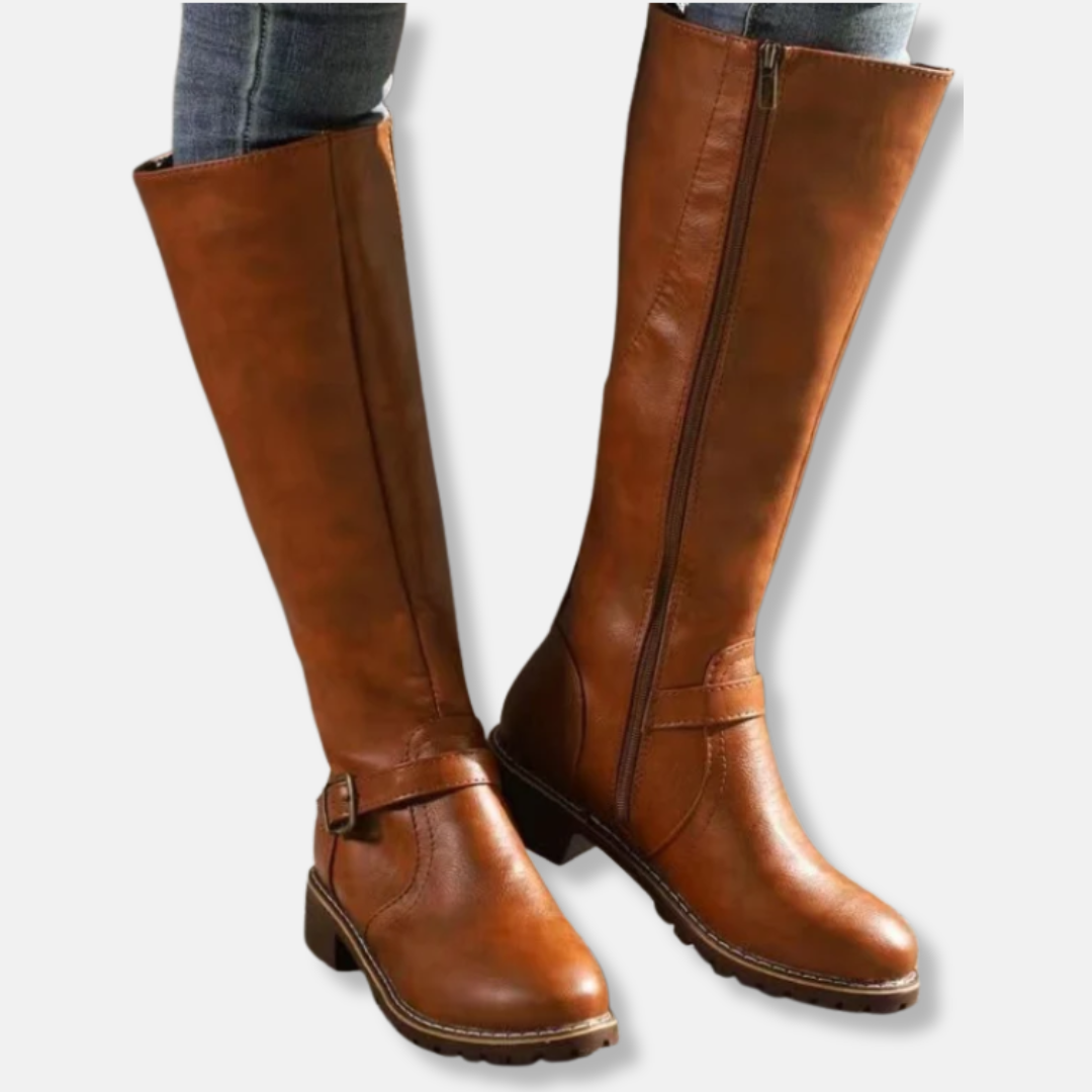Damen Stiefel Kunstleder Kniefester Schaft Niedriger Blockabsatz