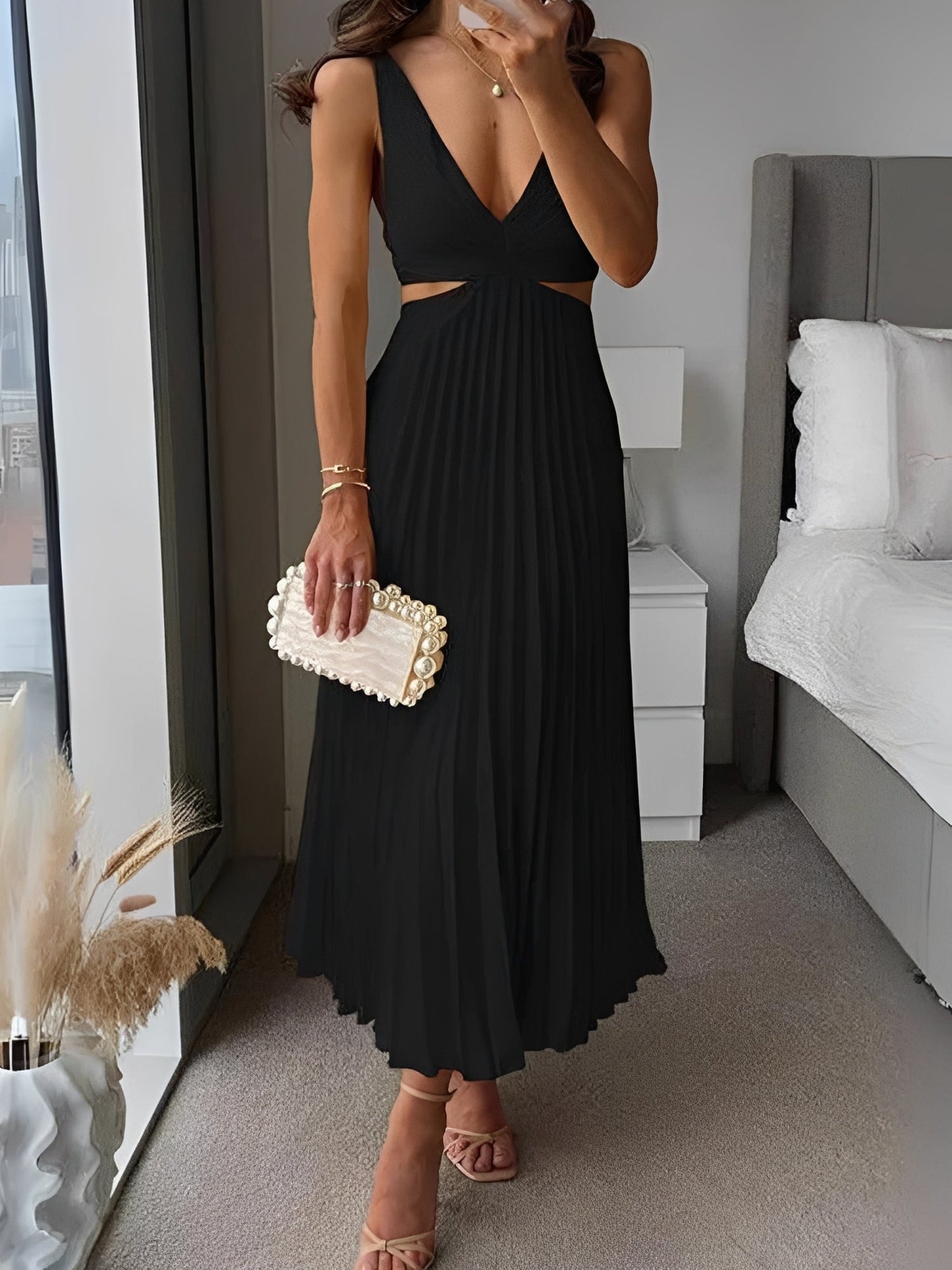 Damen Midikleid Plissiert Rückenfrei