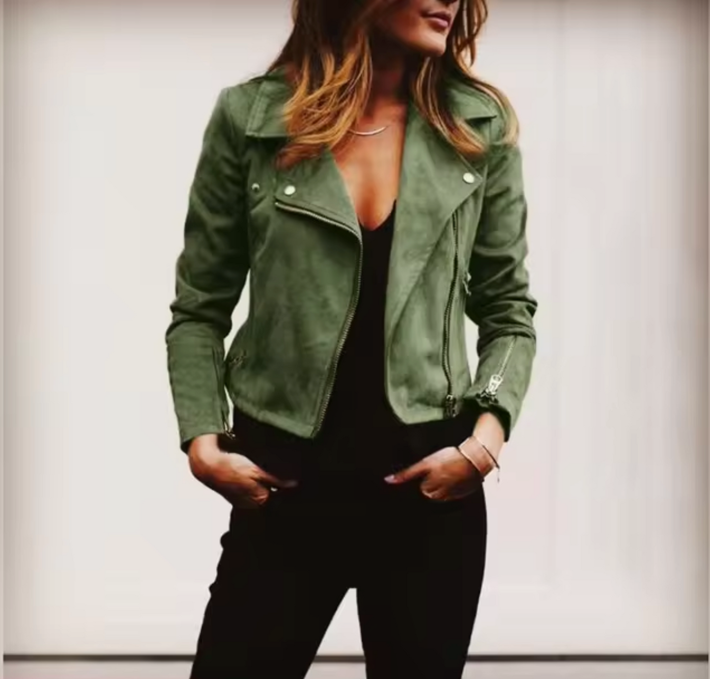 Norvielle Damen Wildlederjacke Kurz Elegant Kragen
