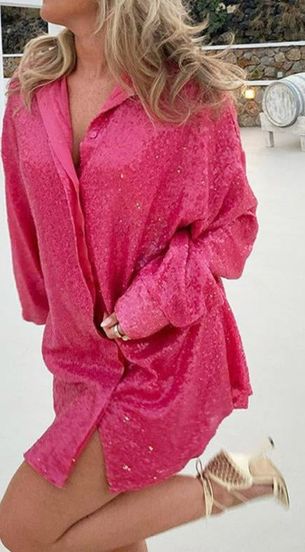 Damen Oversized Hemdkleid Langarm Glitzer