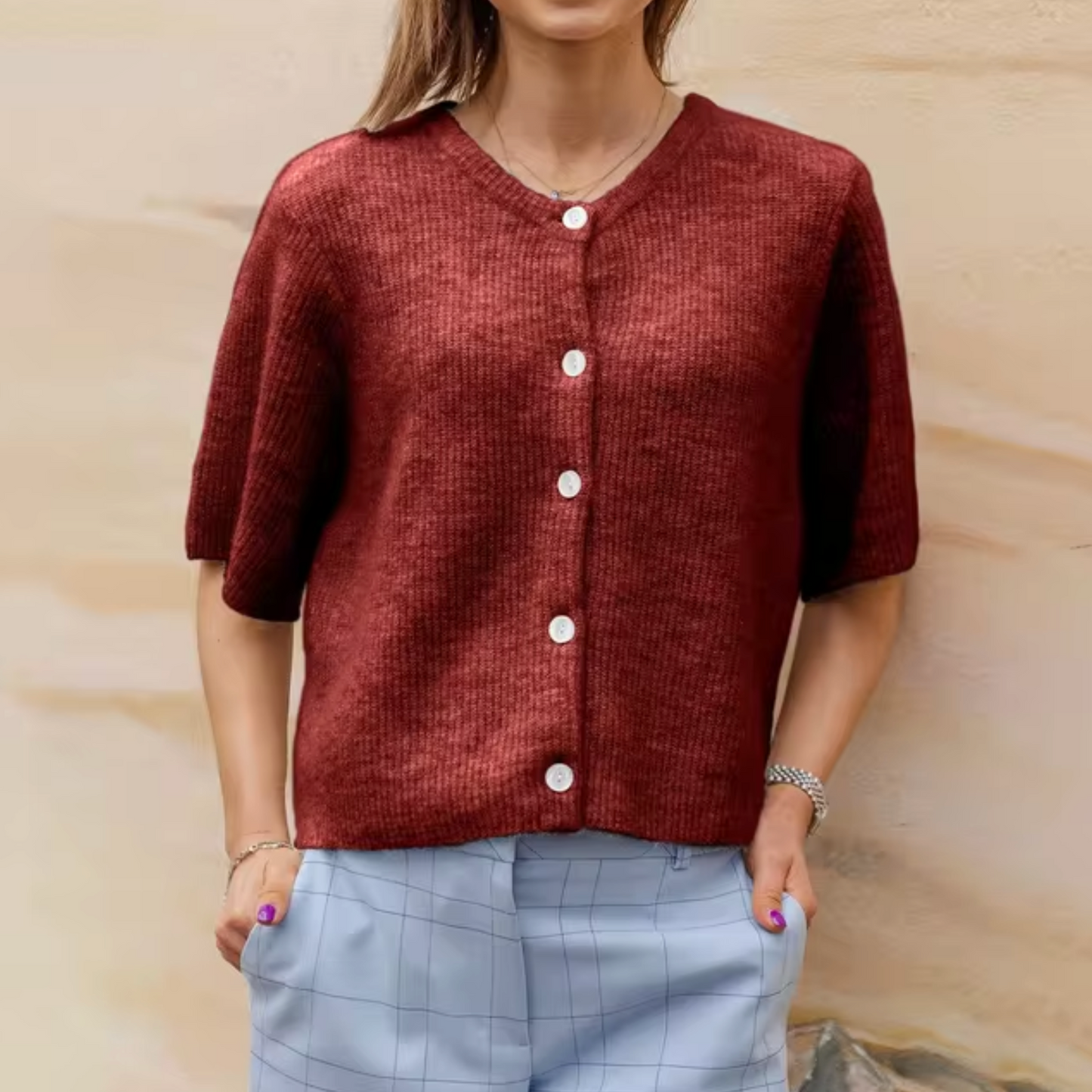 Damen Kurzcardigan Strick Knöpfe Beige