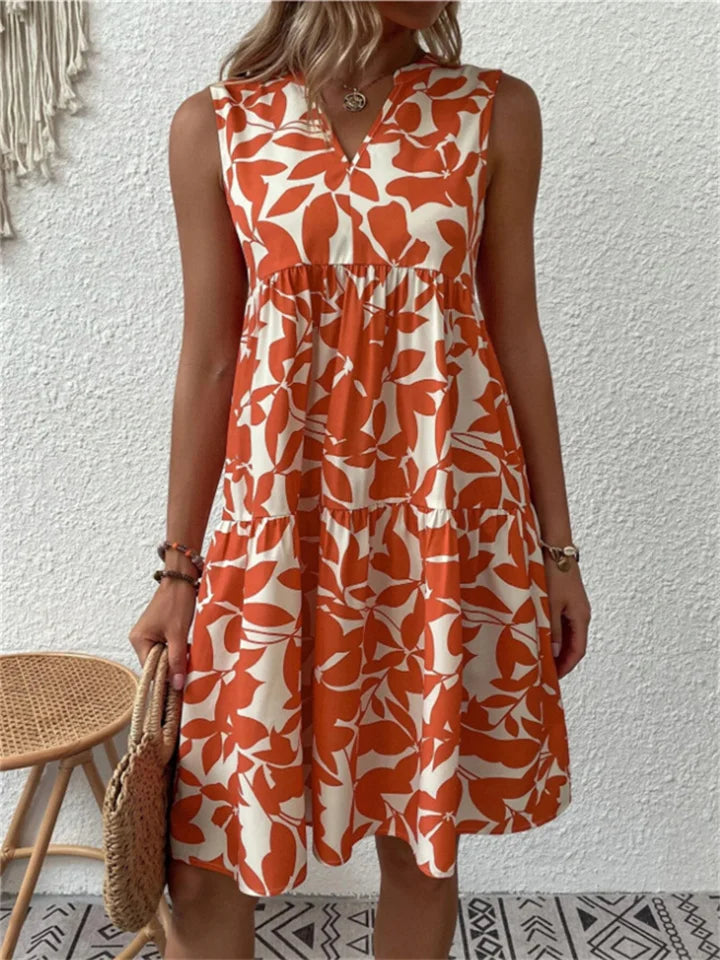 Damen Sommerkleid Ärmellos Blattmuster