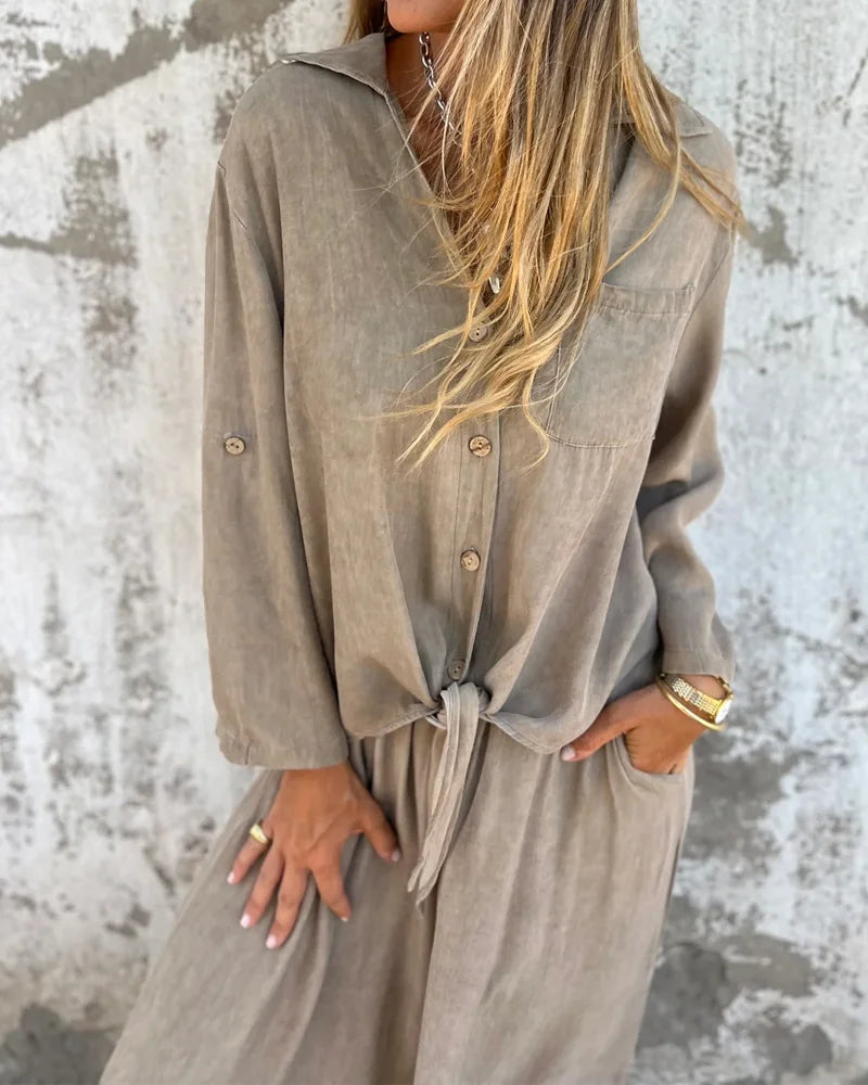 Damen Zweiteiler Uni Farbe Weite Hose Locker Bluse