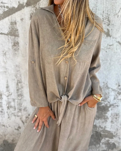 Damen Zweiteiler Uni Farbe Weite Hose Locker Bluse