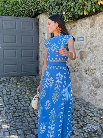 Damen Zweiteiliges Set Crop- Wickelrock Stickerei