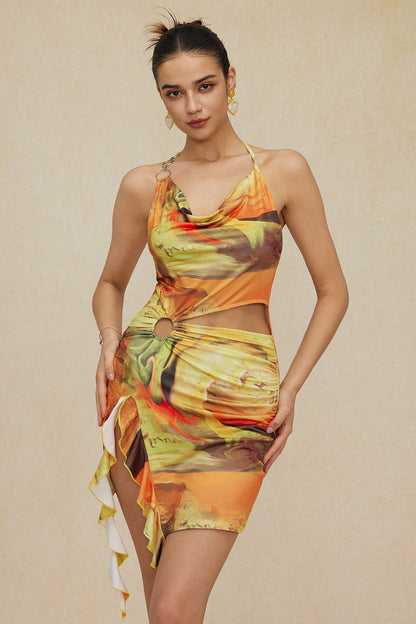 Mira Damen Asymmetrisches Mini-Kleid mit Kunstdruck und Seitenschlitz