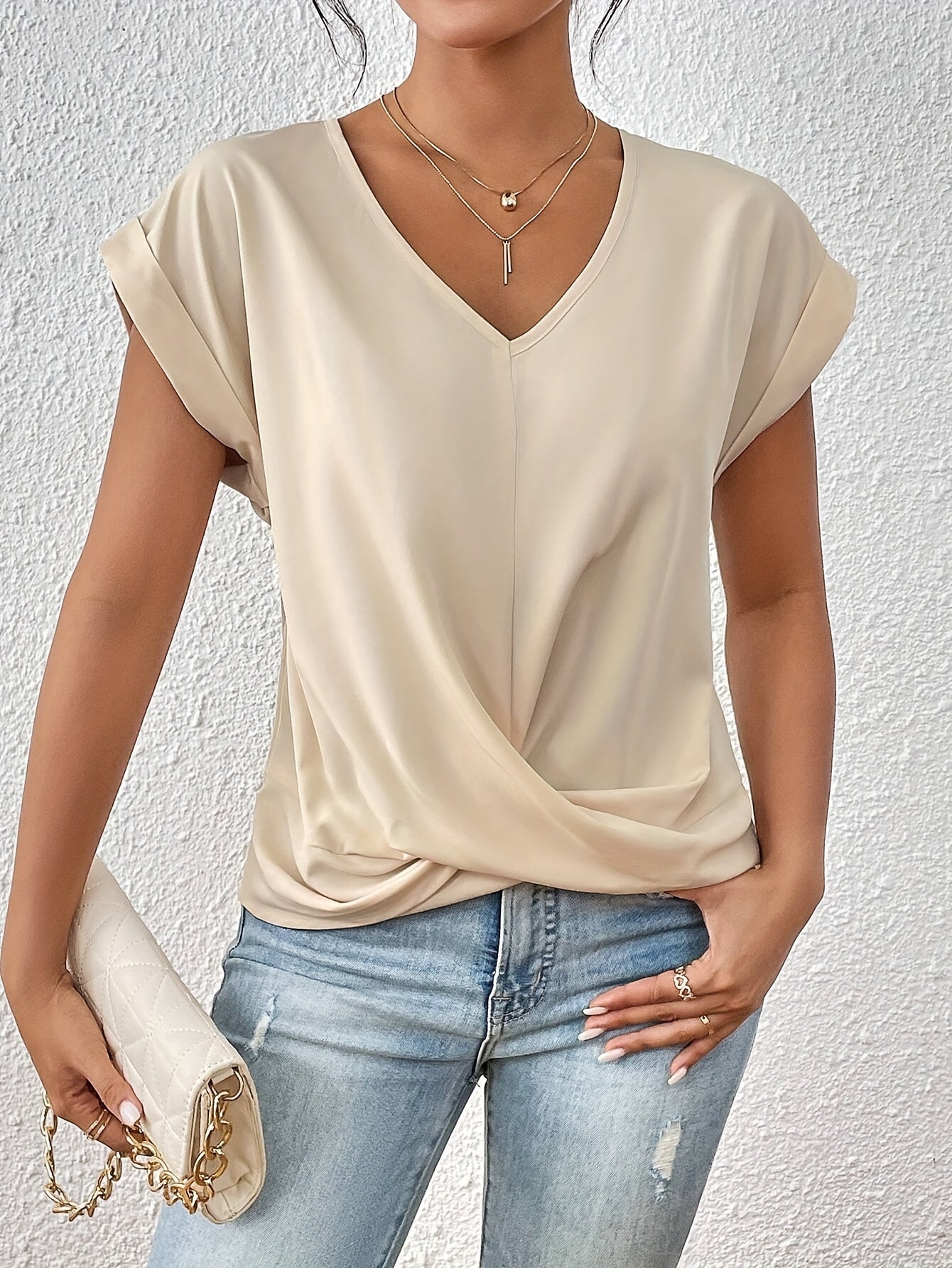 Damen T-Shirt V-Ausschnitt Kurzarm Einfarbig