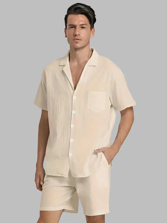 Herren Kurzarm-Hemd Shorts Set Baumwolle Sommerweiß - Norvielle