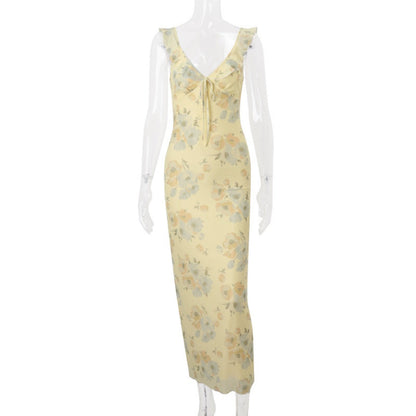 Norvielle Damen Strapskleid Schmal Geschnitten Vintage Bedruckt
