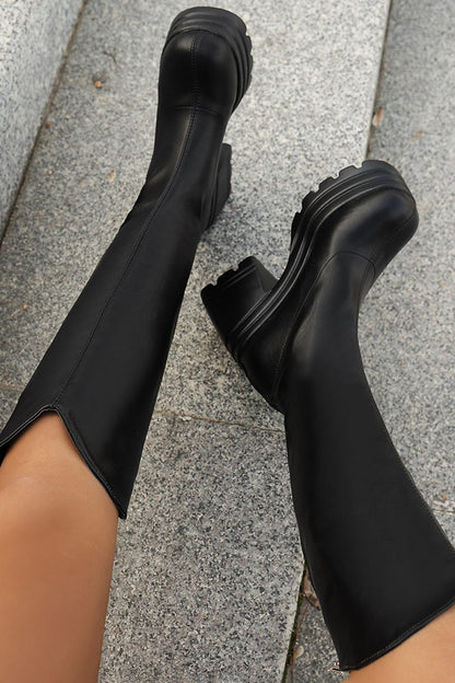 Damen Plateau-Stiefel Kniehoch Leder
