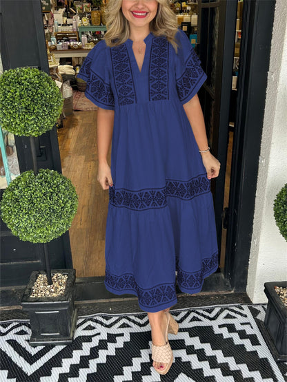 Damen Ibiza Style Midi Kleid V-Ausschnitt Weite Ärmel Lockere Passform