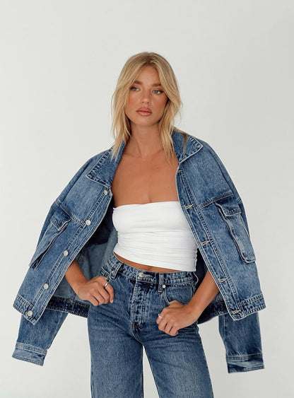 Damen Oversize Jeansjacke Mid-Wash Denim Blau - Norvielle