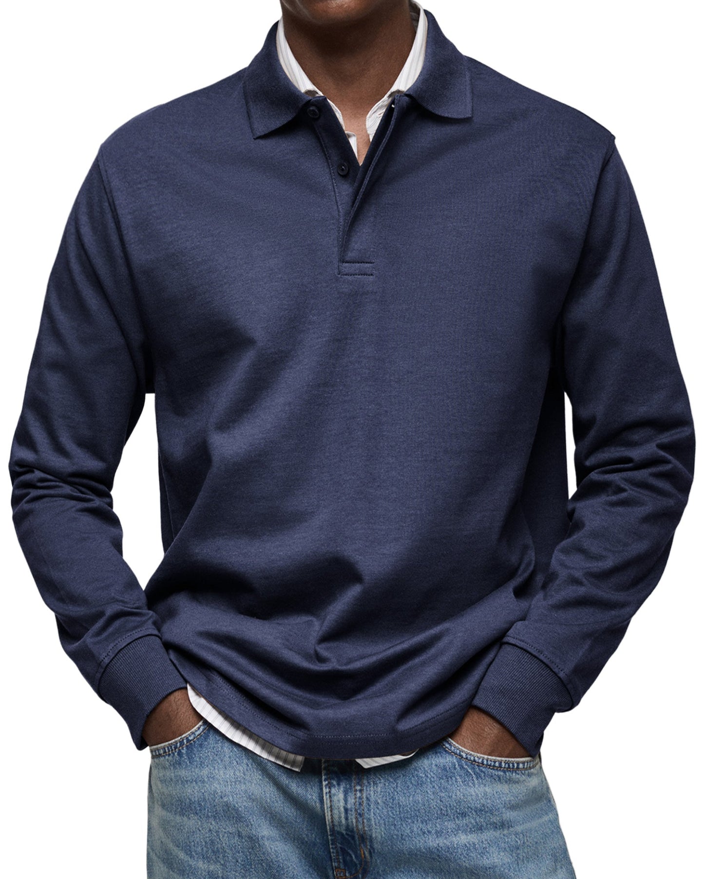 Herren Langarm-Poloshirt Knopfleiste Klassisch Weiß