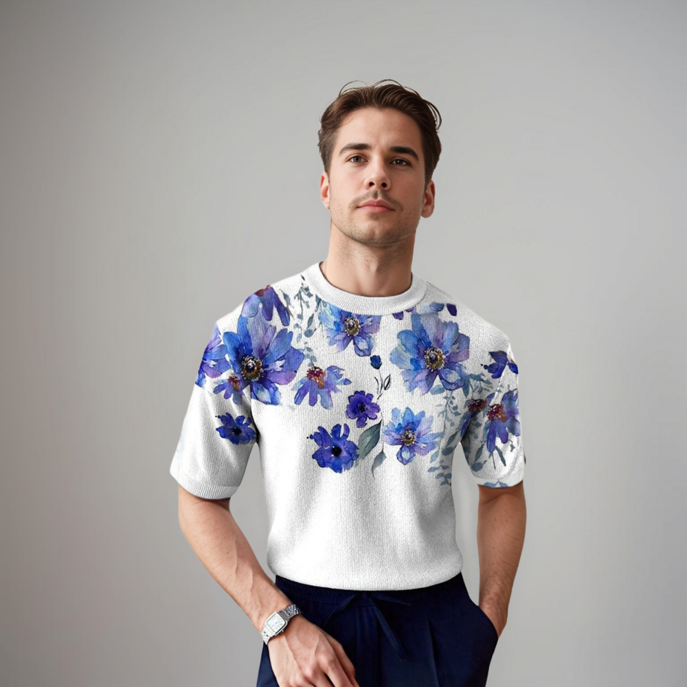 Herren Kurzarmhemd Floralmuster Baumwolle Weiß