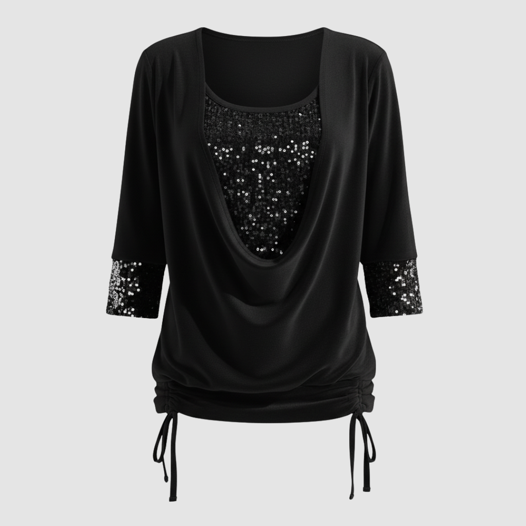 Damen Pailletten Bluse Figurfreundlich Langarm